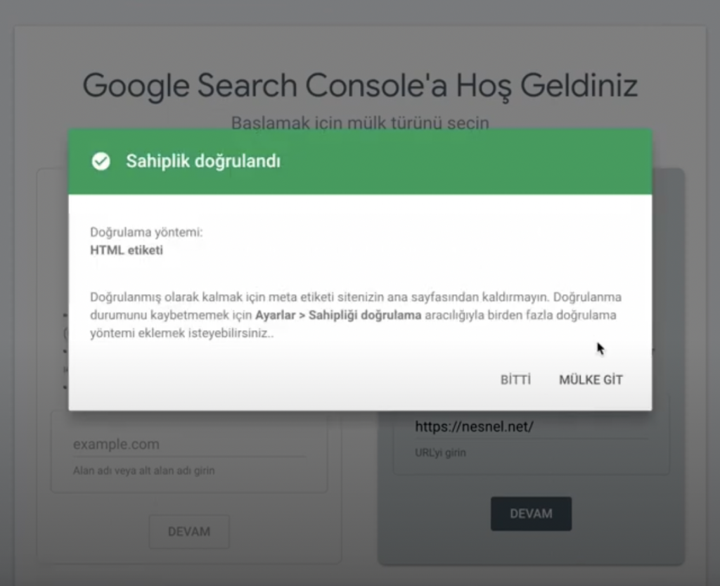 Search Console Sahiplik Doğrulandı Sayfası